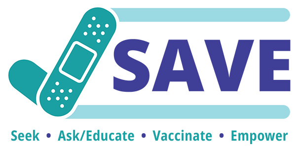 字母 SAVE 旁边的创可贴图标，如下所示：SEEK、ASK、VaccinATE、EMPOWER