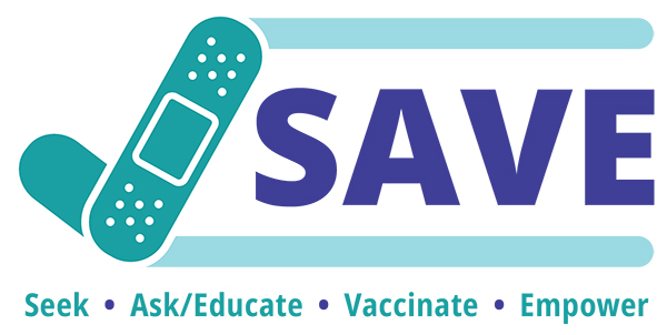 أيقونة Band-Aid بجوار الحروف SAVE ، مع ما يلي: SEEK ، ASK ، VACCINATE ، EMPOWER